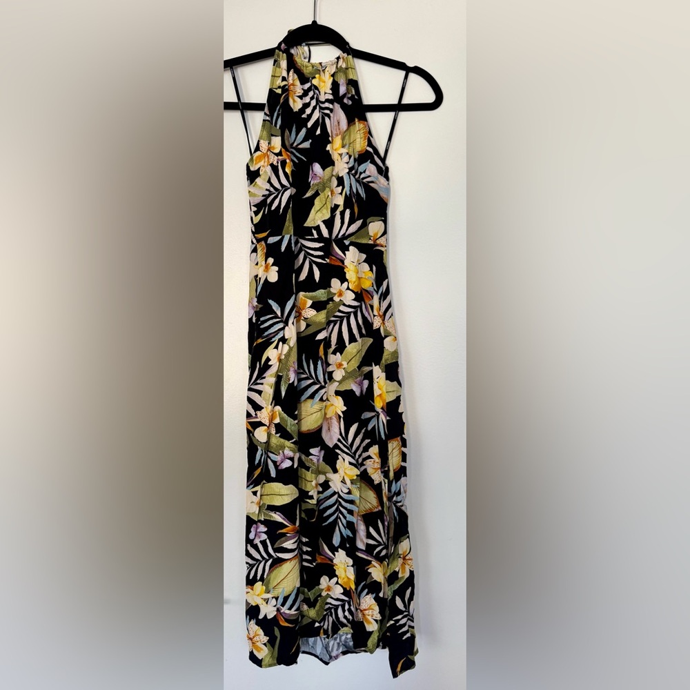 Forever 21 Floral Halter Neck Midi Dress Black Tropical Print